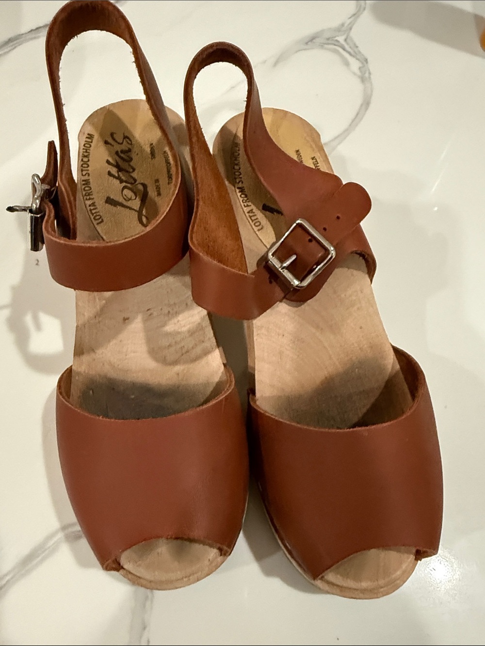 Lotta From Stockholm Tan Leather Open-Toe Wedge Slingbacks - Picture 1 of 1